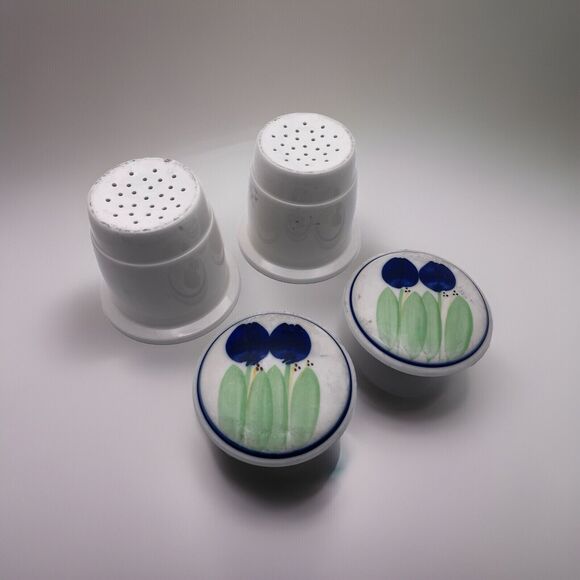 Vintage Handpainted Pottery Pair of Ceramic Tea Strainers with Lids Blue Tulips - Picture 3 of 5